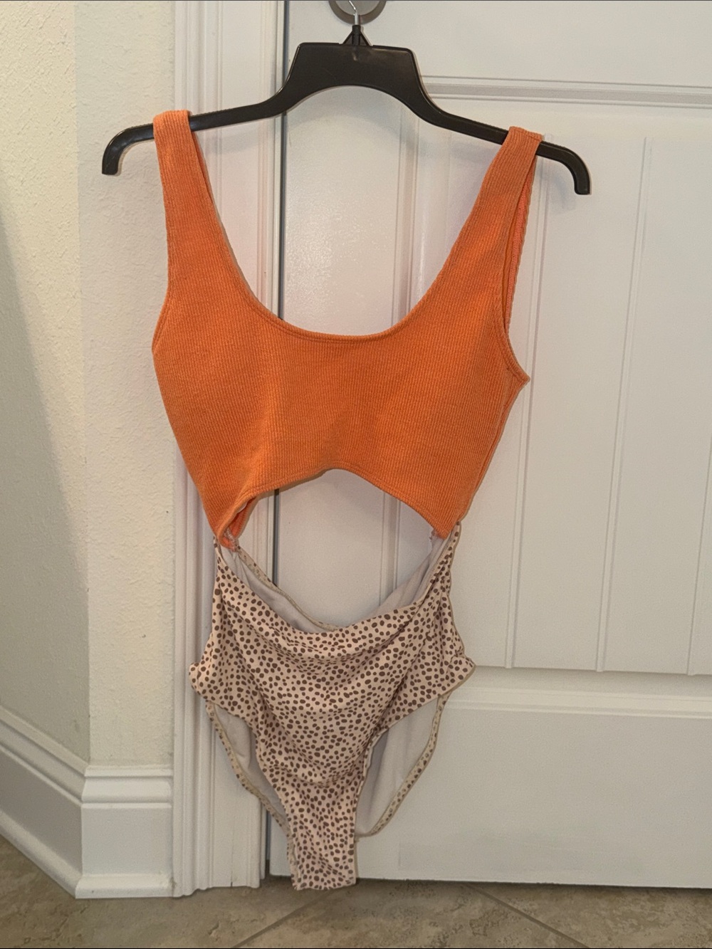 Women’s Orange Scoop-Back Swim One-Piece with Leopard Print Bottom
